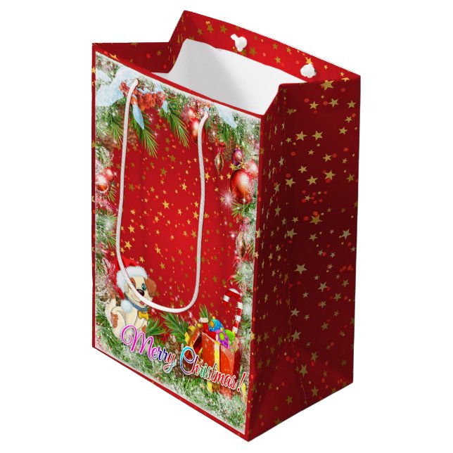 Moyen Sac cadeau de Noël Red Gold Starry Medium (Devant Angle)