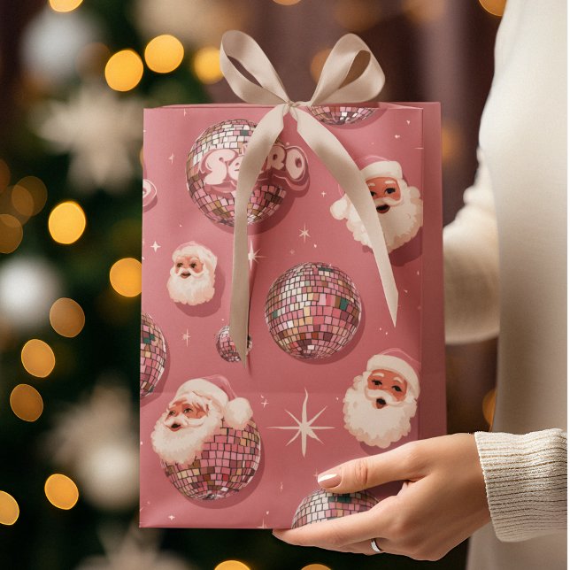 Moyen Sac Cadeau de Noël Rose Rétro Père Noël (Créateur téléchargé)
