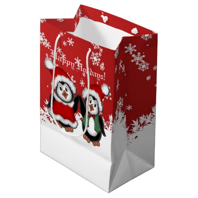 Moyen Sac cadeau de pingouins de Noël mignons (Devant Angle)