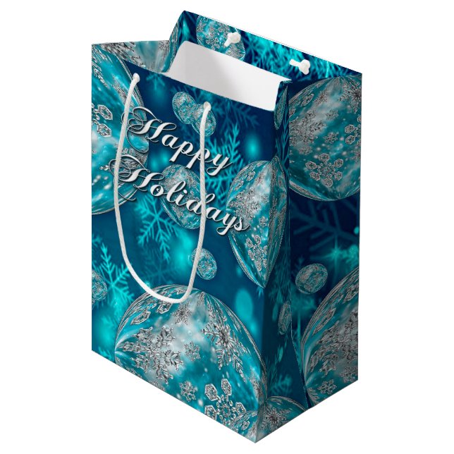 Moyen Sac cadeau de vacances Frosty Blue Snowflake Bubbl (Devant Angle)