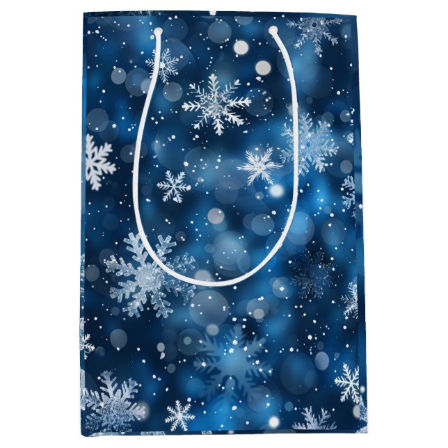 Moyen Sac cadeau d'hiver Elegant Blue & White Snowflake (Devant)