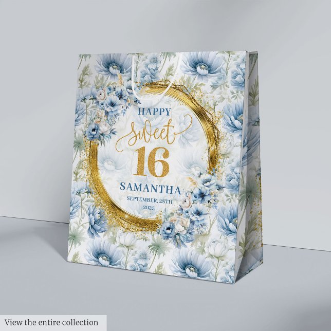 Moyen Sac cadeau Dusty Blue Sweet 16 Gold Parties scinti (Luxury Dusty Blue Sweet 16 Gold Glitter Gift Bag)