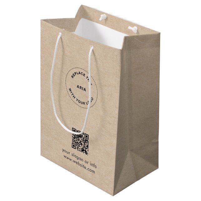 Moyen Sac Cadeau Eco Kraft avec Logo Personnalisé et QR  (Devant Angle)