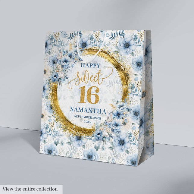 Moyen Sac cadeau élégant bleu clair doux 16 Parties scin (Stylish Light Blue Sweet 16 Gold Glitter Gift Bag)