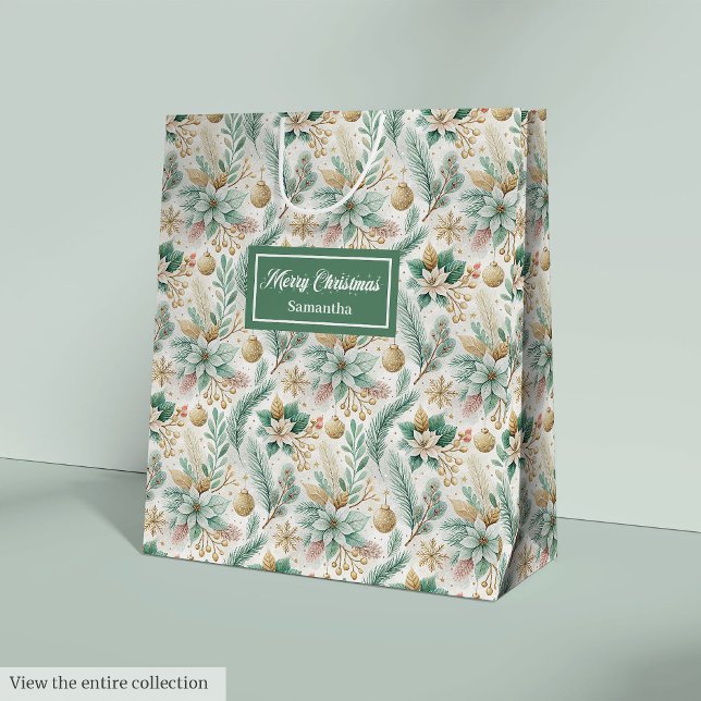 Moyen Sac Cadeau Élégant Floral de Noël Vert Aneth Chic (Dill Green Gift Bag Elegant Christmas Floral Accent)