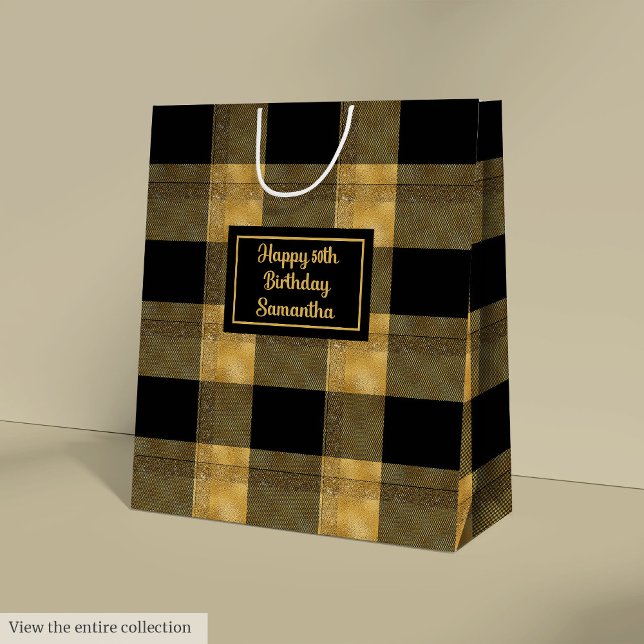Moyen Sac Cadeau Élégant Noir et Or avec Nom Imprimé  (Elegant Black Gold Gift Bag Name Printed )