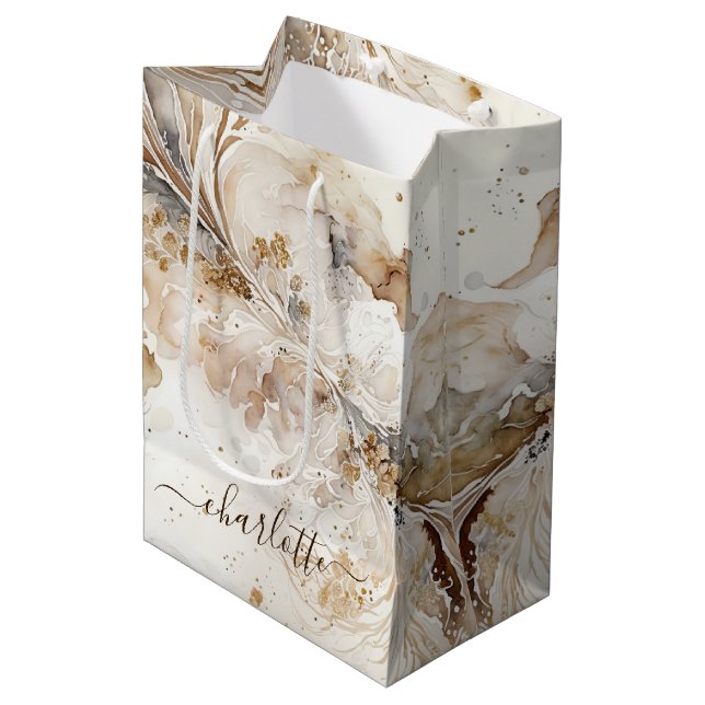 Moyen Sac cadeau en marbre blanc et or (Devant Angle)