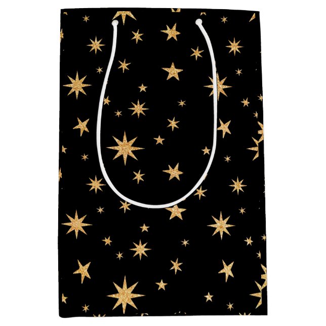 Moyen Sac Cadeau Étoiles Dorées - Fond Noir (Devant)
