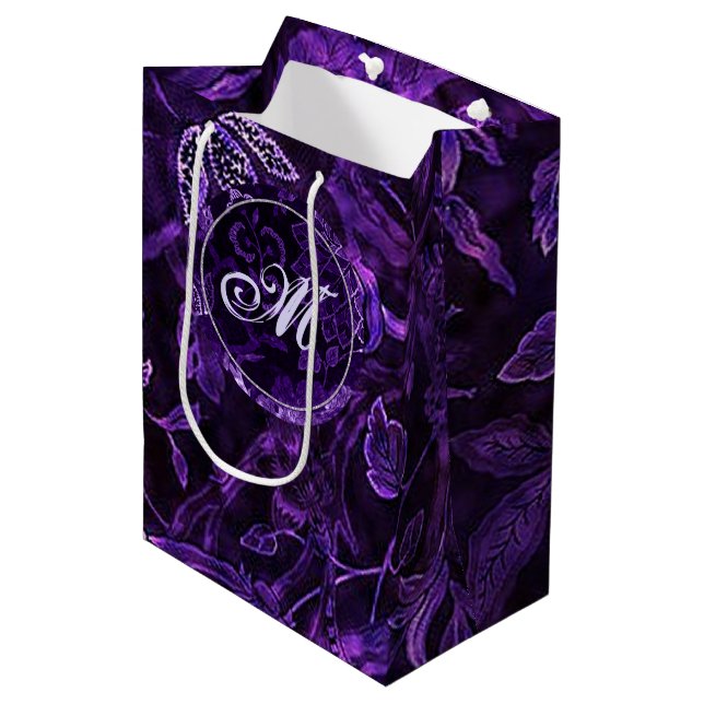 Moyen Sac Cadeau Fleuris Vintage Violet Monogramme (Devant Angle)