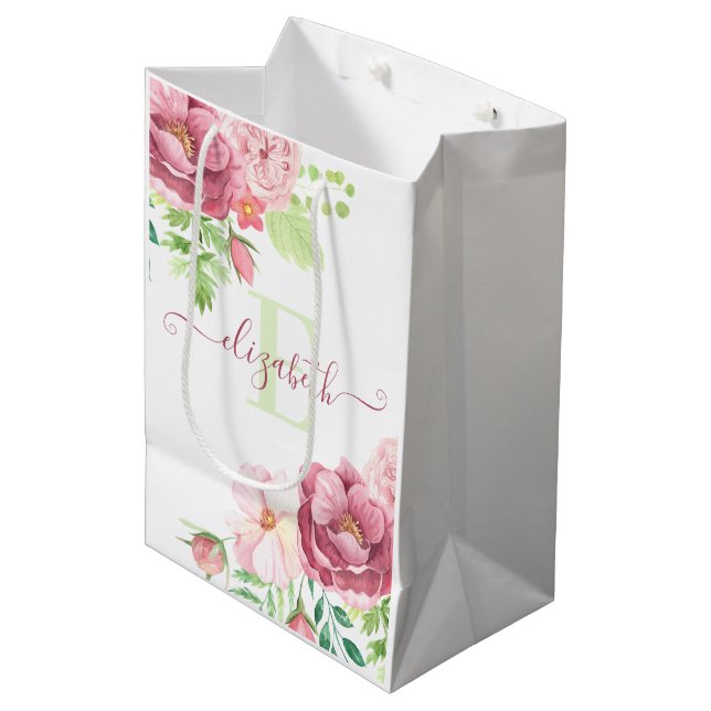 Moyen Sac cadeau floral aquarelle personnalisé (Devant Angle)