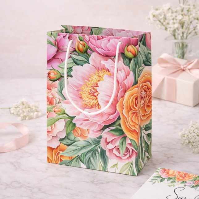 Moyen Sac cadeau floral aux pivoines élégantes rose et o (Créateur téléchargé)