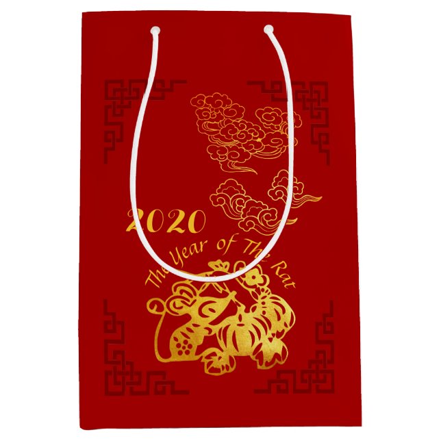 Moyen Sac cadeau Golden Chinese Paper-cut Rat Year 2020  (Devant)