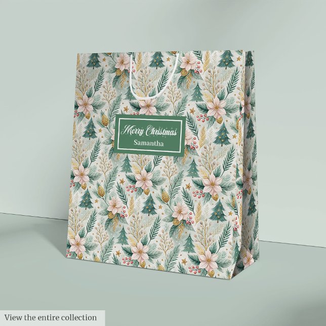 Moyen Sac Cadeau Luxe Vert Olive Or Noël (Olive Green Gold Gift Bag Luxury Holiday Christmas)