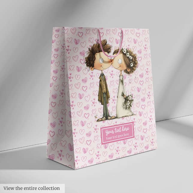 Moyen Sac cadeau Mariage de nom personnalisé Conception  (Custom Name Wedding Gift Bag Quirky Design)