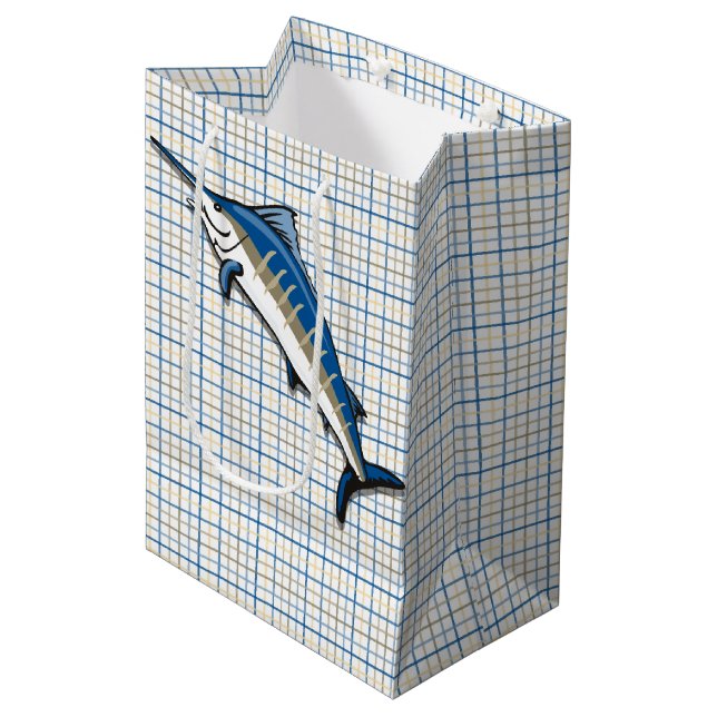 Moyen Sac cadeau - Marlin bleu sur Plaid (Devant Angle)