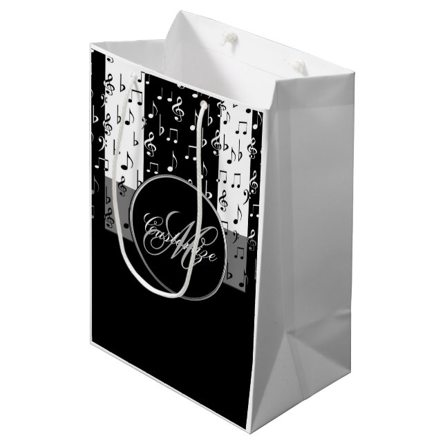 Moyen Sac cadeau Monogramme noir & blanc Stripes musical (Devant Angle)