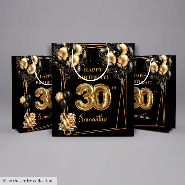 Moyen Sac cadeau personnalisé 30e anniversaire Black Gol (Personalized 30th Birthday Gift Bag Black Gold 🎉)