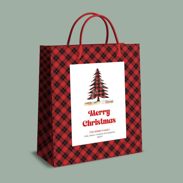 Moyen Sac cadeau personnalisé d'arbre à carreaux rouge e (Elegant red black plaid tree gift bag personalized)
