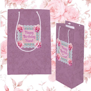 Moyen Sac cadeau personnalisé en roses mauves dentelle d