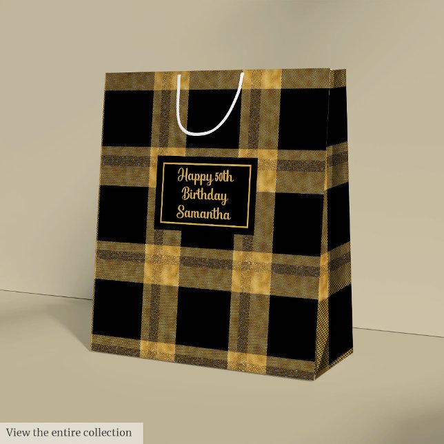 Moyen Sac Cadeau Personnalisé Noir et Or Élégant (Classy Custom Black and Gold Gift Bag)