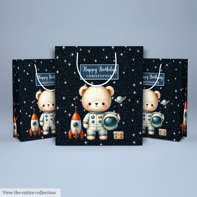 Moyen Sac cadeau personnalisé pour l'ours spatial Annive (Personalized Gift Bag for Space Bear Birthday)