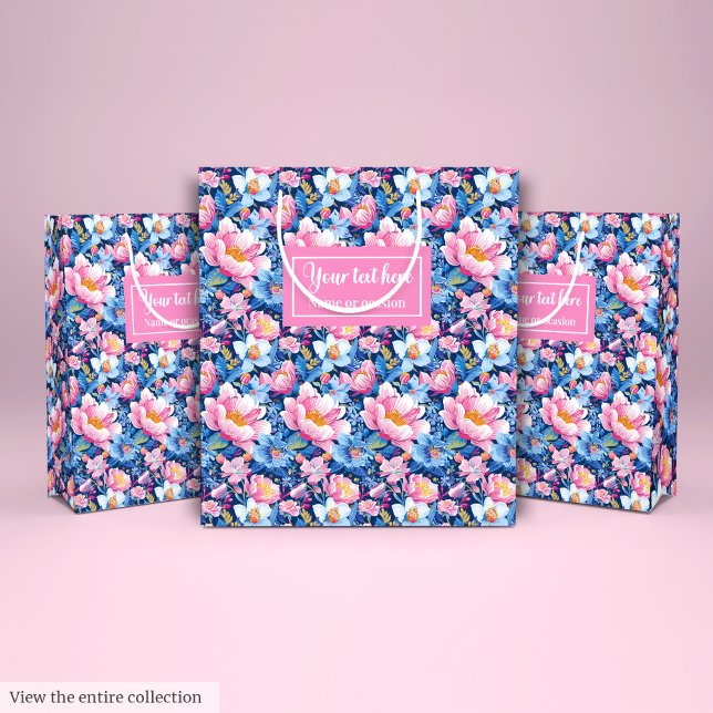 Moyen Sac cadeau personnalisé tendance bleu bébé et rose (Trendy baby blue and hot pink custom name gift bag)