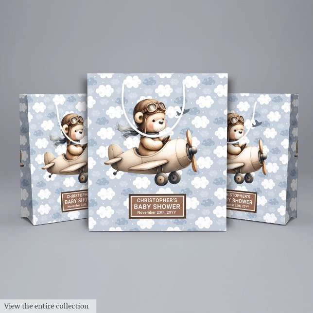 Moyen Sac cadeau pour Baby shower pour ours en peluche v (Vintage Airplane Teddy Bear Baby Shower Gift Bag)