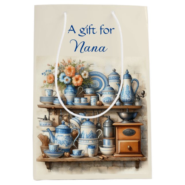 Moyen Sac cadeau pour ensemble à café bleu et blanc vint (Devant)