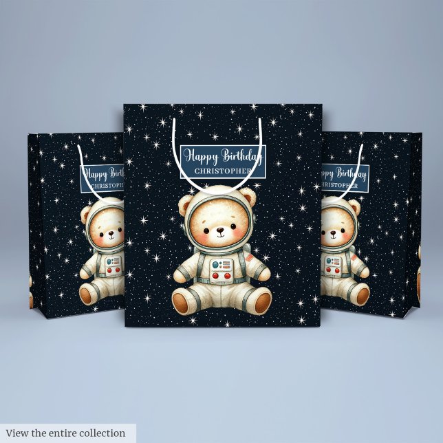 Moyen Sac cadeau pour garçon personnalisé avec thème ast (Custom Boy Gift Bag with Teddy Astronaut Theme)