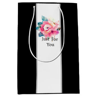 Moyen Sac cadeau rayé noir et blanc à rose crème élégant