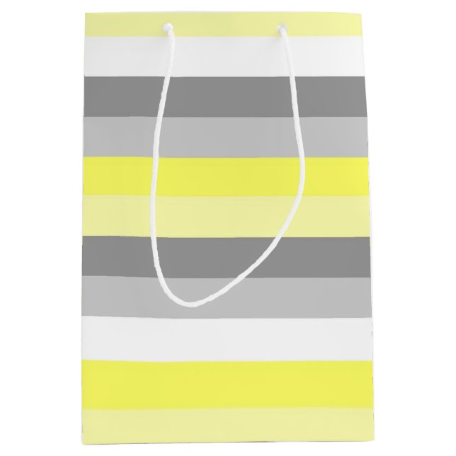 Moyen Sac cadeau rayures jaune, blanc et gris (Devant)