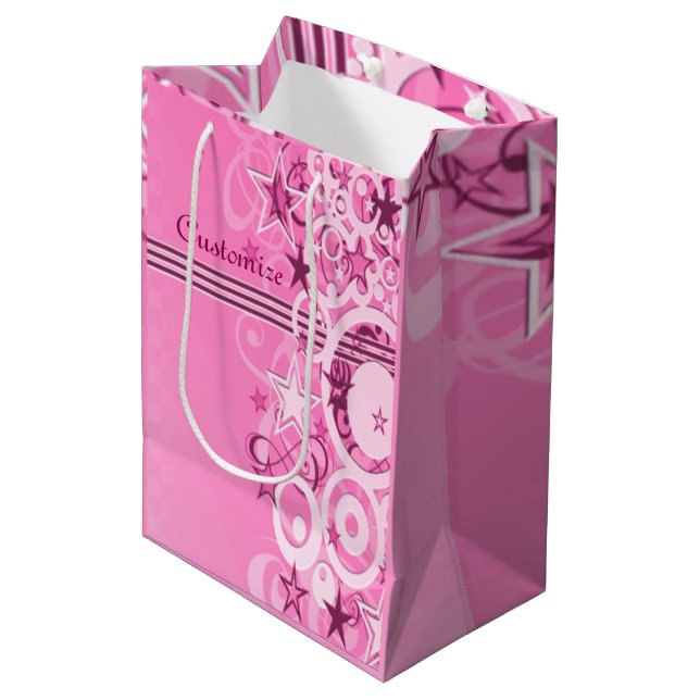 Moyen Sac cadeau Retro Circles & Étoiles rose (Devant Angle)