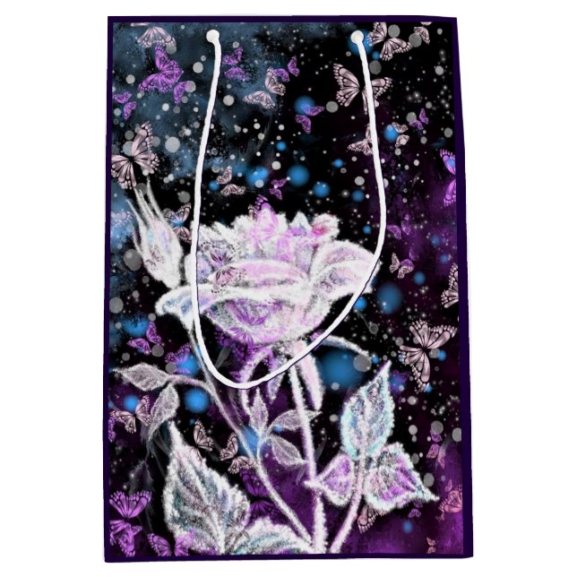 Moyen Sac Cadeau Rose Blanche et Papillons (Devant)