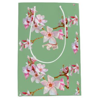 Moyen Sac Cadeau Vert Sauge Fleurs Roses de Printemps Mo