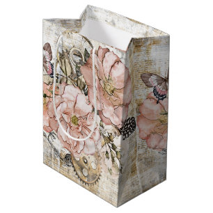 Moyen Sac cadeau vintage Rustique Ephemera rose Floral