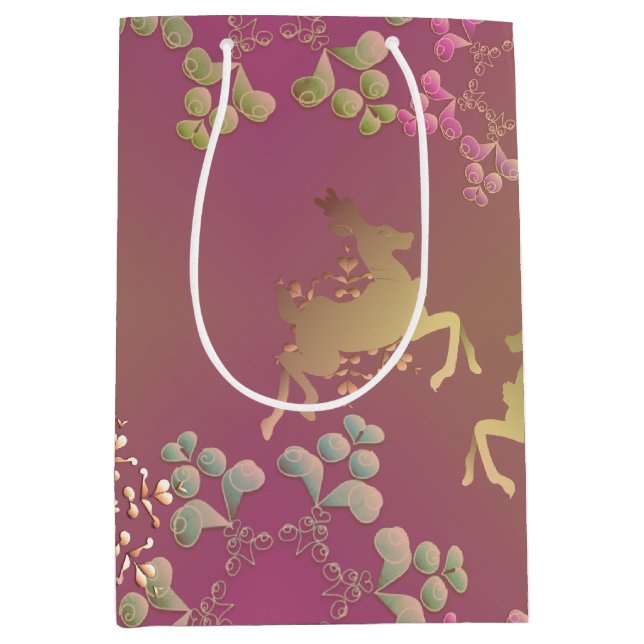 Moyen Sac cadeau violet Reindeer & Snowflakes (Devant)