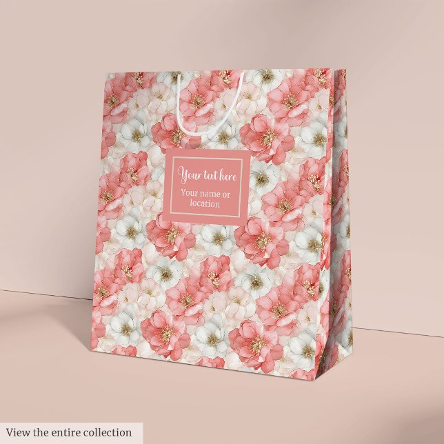 Moyen Sac de cadeau à monogramme doré et fleurs roses él (Elegant pink flowers and gold monogram gift bag wrap)