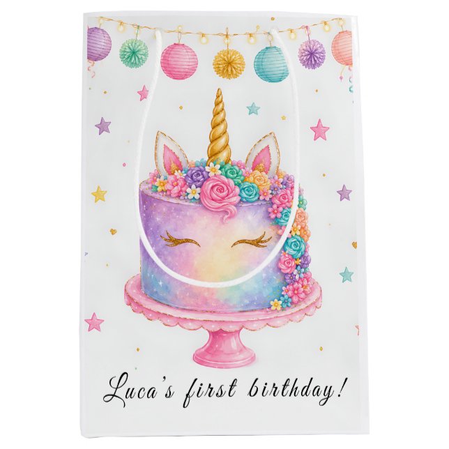 Moyen Sac de cadeau d'anniversaire licorne (Devant)