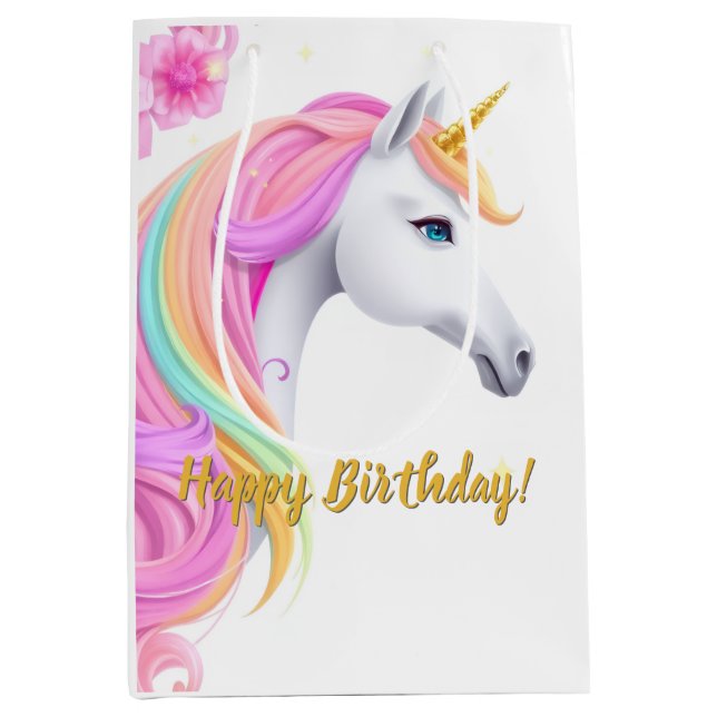Moyen Sac de cadeau d'anniversaire Licorne Mignonne (Devant)