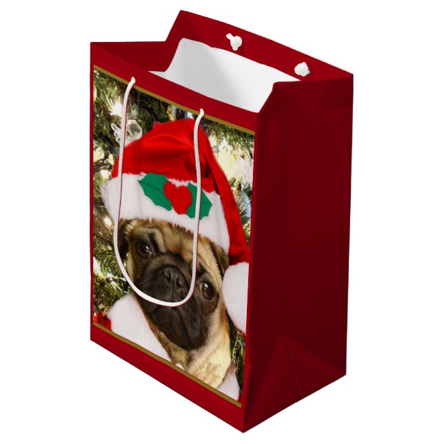 Moyen Sac de cadeau de chiot de carlin de Noël (Devant Angle)