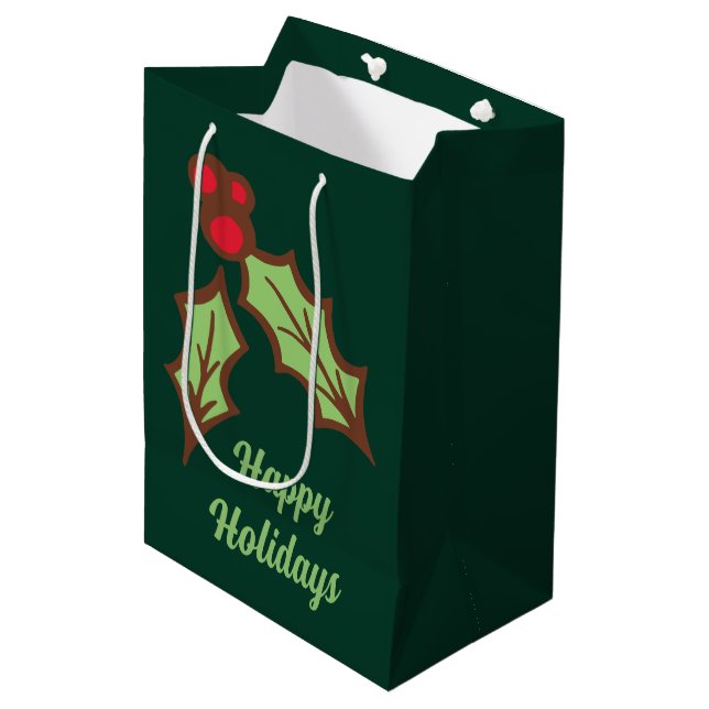 Moyen Sac de cadeau de Noël au houx vert (Devant Angle)