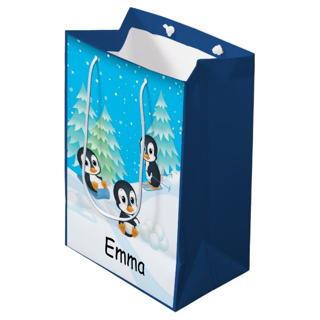 Moyen Sac de cadeau de Noël d'amusement de pingouin (Devant Angle)