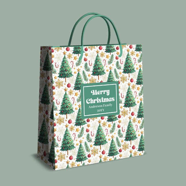 Moyen Sac de cadeau de Noël tendance avec disposition mo (Trendy Christmas trees gift bag editable layout

)