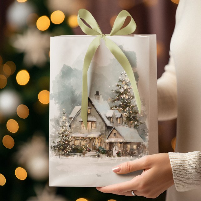 Moyen Sac de Cadeau Maison Enneigée Noël Cosy (Créateur téléchargé)