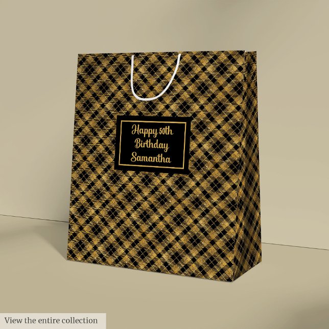 Moyen Sac de cadeau personnalisé chic noir or pour fête (Personalized Chic Black Gold Party Gift Bag)
