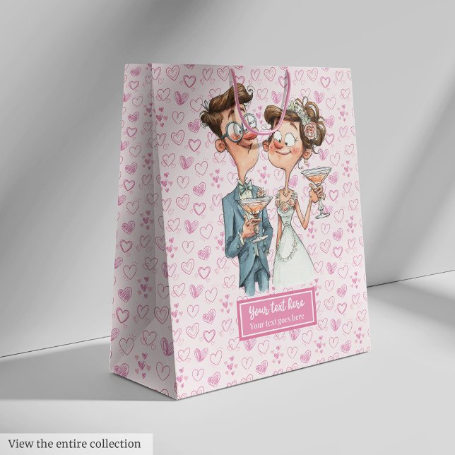 Moyen Sacoche cadeau de mariée amusante sac de dessin or (Funny Bride Groom Gift Bag Quirky Cartoon Style)