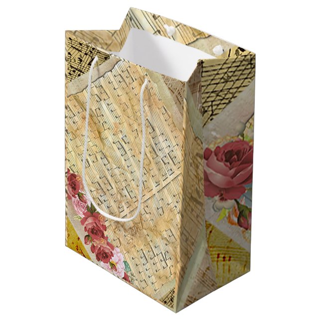 Moyen Vintage feuille Musique Notes musicales Sac cadeau (Devant Angle)