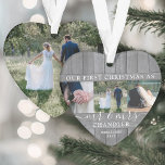 Mr & Mrs 4 Photo First Christmas Grey Faux Wood<br><div class="desc">Célébrez un 1er jour férié joyeux en couple marié avec un collage photo personnalisé 4 "Notre premier Noël en tant que Monsieur. & Mme" ornement acrylique en forme de coeur. Tous les textes et images de ce modèle sont simples à personnaliser. (CONSEIL EN MATIÈRE DE PLACEMENT D'IMAGE : Une façon...</div>