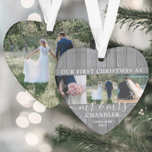 Mr & Mrs 4 Photo First Christmas Grey Faux Wood