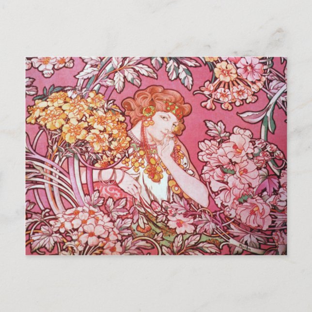 Mucha Woman Parmi Les Fleurs Cartes Postales Art N (Devant)